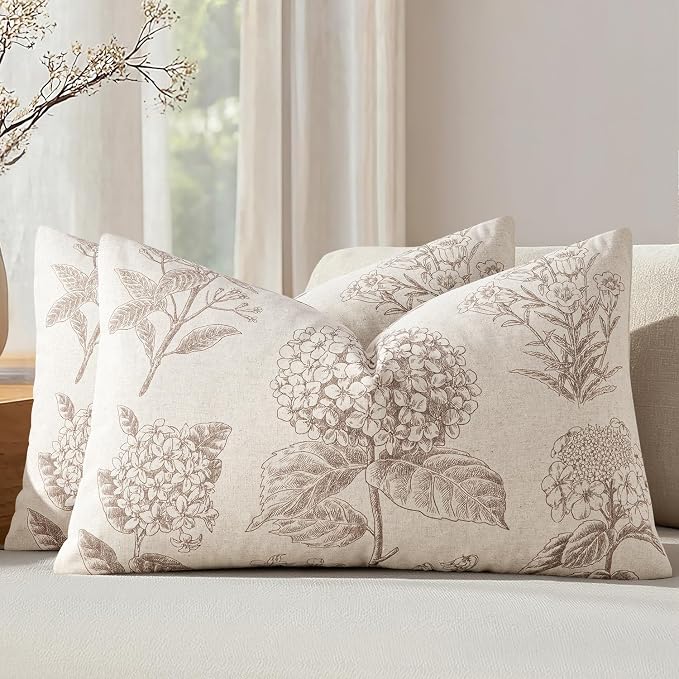 Set of 2 Lumbar Floral Pillow Covers 12x20 Inch Light Camel | Decorative by SWANCOCO