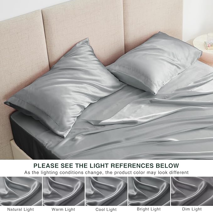 Love's cabin Full Size Satin Sheet Sets - 4 Piece Silver Silky Sheet Set with Deep Pocket, Luxury Silk Feel Satin Sheets Full Bedding Set (1 Flat Sheet,1 Fitted Sheet,2 Pillow Cases)