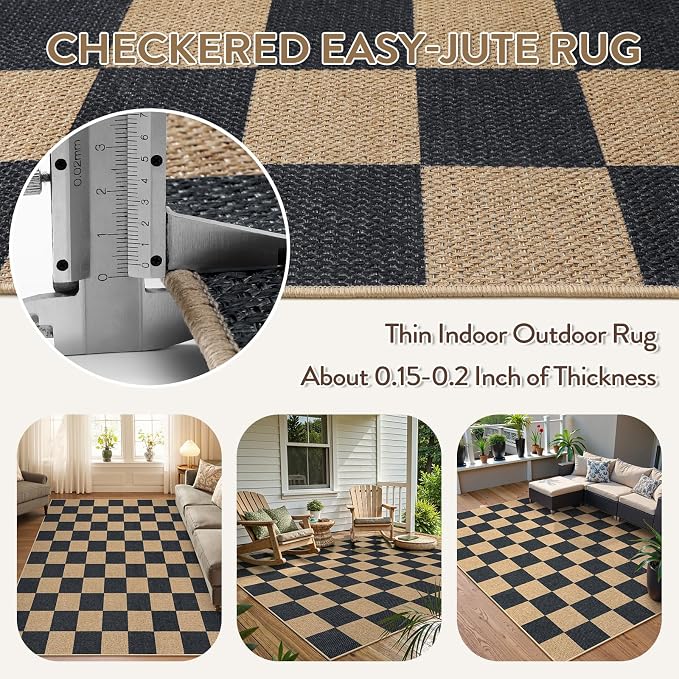 Lahome Checkered Easy Jute Area Rug, 5x7 Outdoor Patio Rug Washable Carpet - Image 4