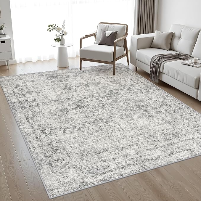 5x8 Area Rug Living Room: Modern Washable Soft Carpet Black Grey | - Image 2