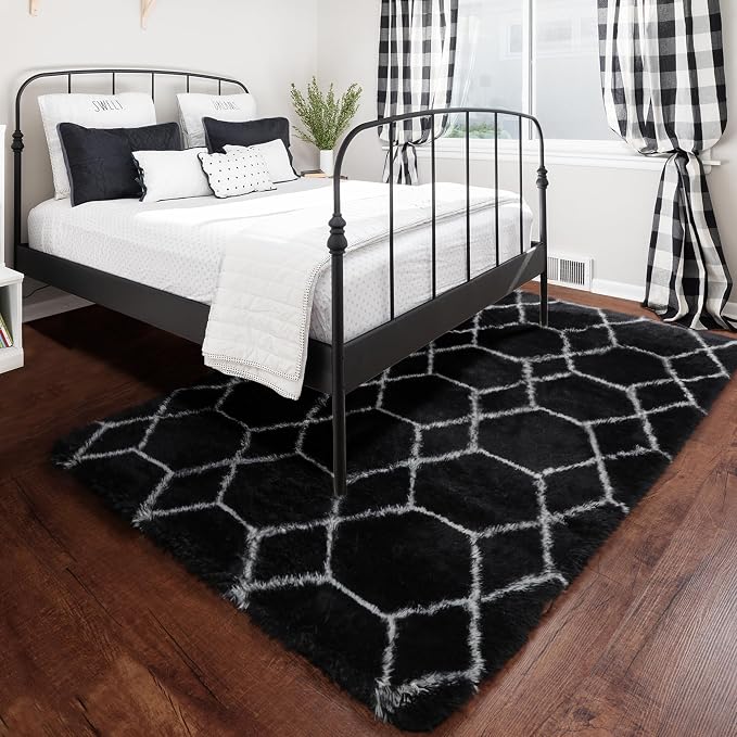 Area Rugs for Living Room, 5x8 Fluffy Black and White Bedroom Geometric Rug | - Image 7