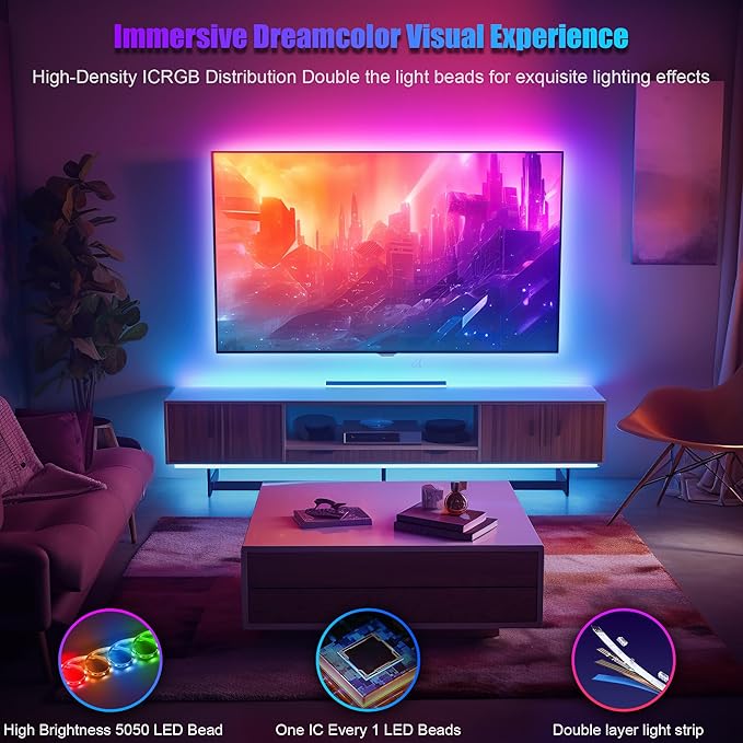PANTON VILLA LED Lights for 55-75 Inch TVs, 16.4FT ICRGB TV LED Backlight Kit with APP & Remote Control, Music Sync, USB Powered