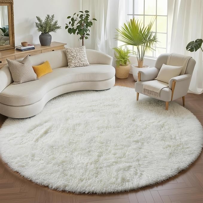 Cream White Round Area Rugs 6ft, Fluffy Soft Bedroom Circle Rug Floor Mat by ONASAR