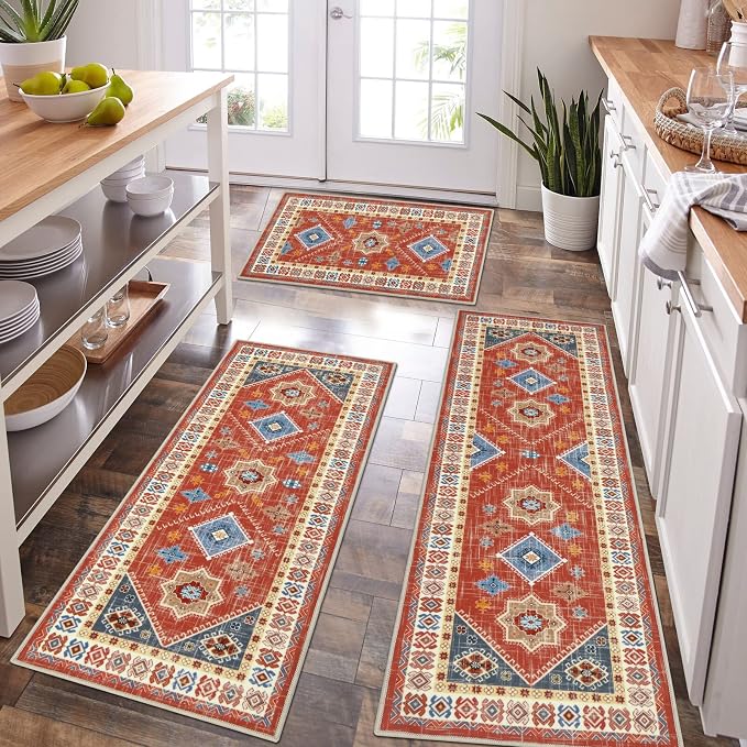 HEBE Boho Kitchen Rugs Set of 3, Non Slip Washable Kitchen Mats by HEBE