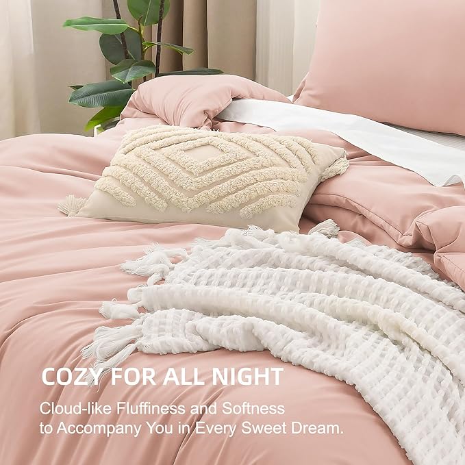 Litanika Pink Comforter Set Full Size for Girls, 3 Pieces Blush Women Plain Bedding Comforter Set, All Season Bed Set (79x90In Comforter & 2 Pillowcases)