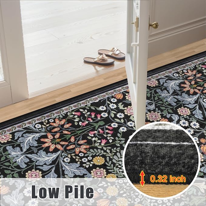 PLHXFR 2x6 Washable Runner Rug：Floral Indoor Kitchen Carpet Dark Black | - Image 8