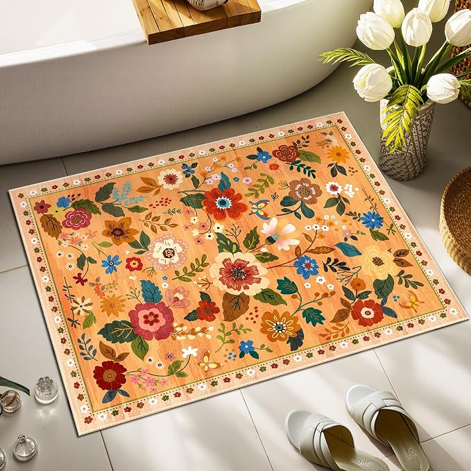 RELEANY Floral Washable 2x3 Area Rugs Doormat Yellow/Orange/Red | Flower Carpet - Image 9