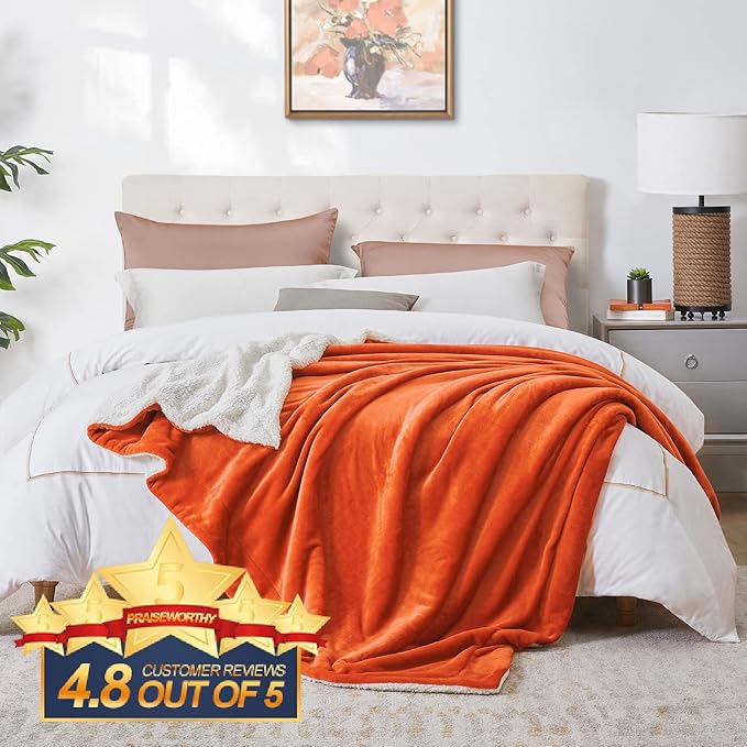 Walensee Sherpa Fleece Blanket (Queen Size 90”x90” Orange) Plush Throw Fuzzy Super Soft Reversible Microfiber Flannel Blankets for Couch, Bed, Sofa Ultra Luxurious Warm and Cozy for All Seasons