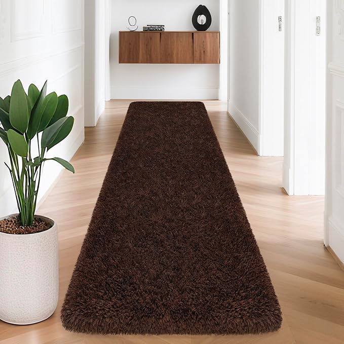 2x8 Bedside Area Rugs for Bedroom Soft Fluffy Shag Brown Rug for Hallway by JiaoBaba