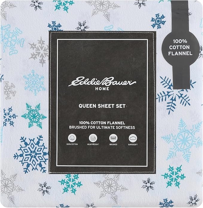 Eddie Bauer - King Sheets, Cotton Flannel Bedding Set, Brushed For Extra Softness, Cozy Home Decor (Tossed Snowflake, King)