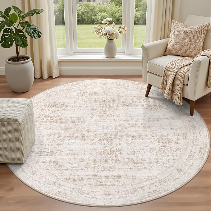 Round Area Rug for Living Room: 4ft Boho Washable Rug Beige Brown | Vintage - Image 2