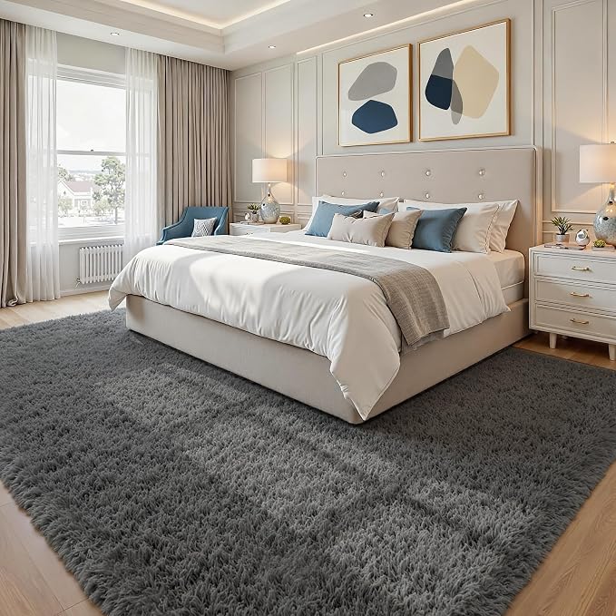 9x12 Fluffy Shag Area Rugs for Living Room Bedroom: Soft Plush Carpet Grey | - Image 4