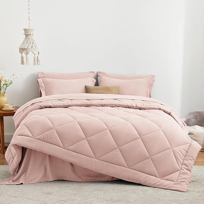 Love's cabin Queen Comforter Set Pink, 7 Pieces Queen Bed in a Bag, All Season Bedding Sets with 1 Comforter, 1 Flat Sheet, 1 Fitted Sheet, 2 Pillowcase and 2 Pillow Sham