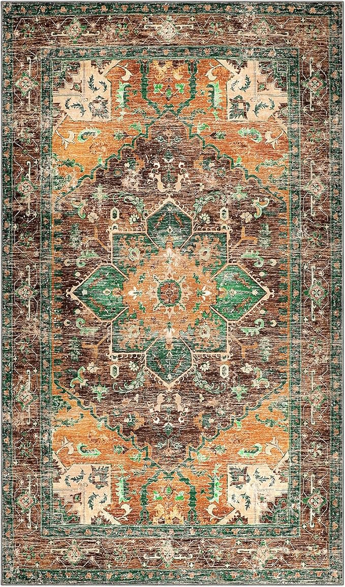 Yamaziot Washable Area Rug, 4x6 Non-Slip Boho Living Room Bedroom Rug | Stain - Image 3