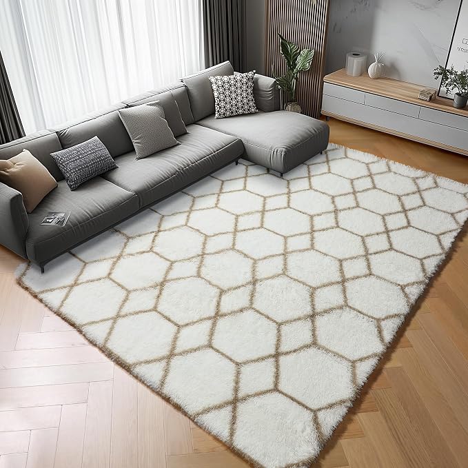 5x7 Area Rugs for Living Room Bedroom, Fluffy White and Beige Geometric Rug | - Image 6