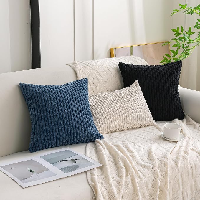 Set of 4 Blue Decorative Throw Pillow Covers 24x24 Inch Corduroy Pillow Covers - Image 3