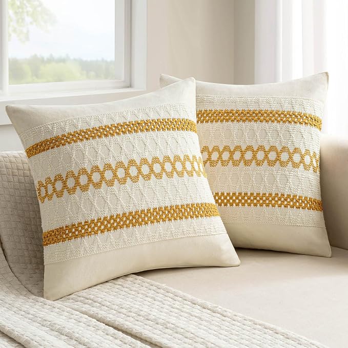 MIULEE Set of 2 Mustard Yellow Boho Decorative Pillow Covers 20x20 Inch | Fall by MIULEE