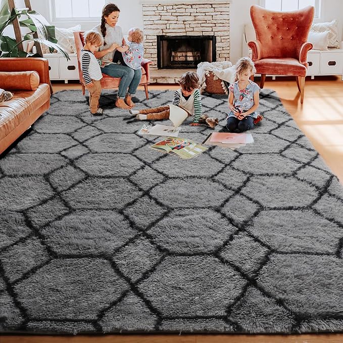 Area Rugs for Living Room, 5x8 Fluffy Grey and Black Bedroom Geometric Rug | - Image 8