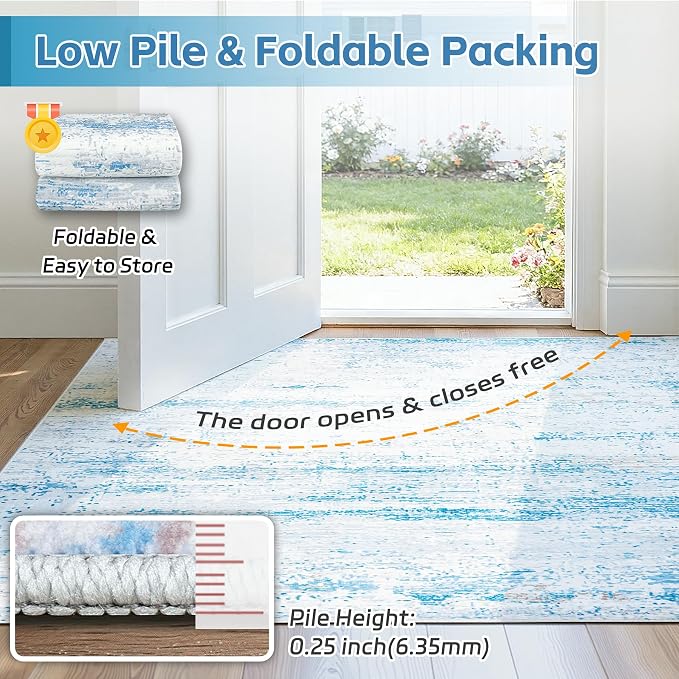 9x12 Washable Area Rug for Living Room Bedroom: Non-Slip Modern Light Blue | - Image 7