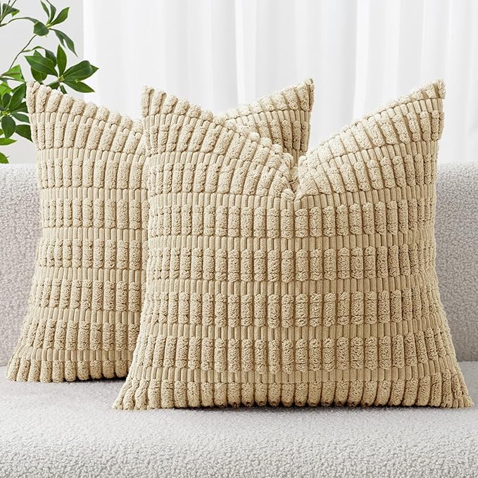 MIULEE Corduroy Decorative Throw Pillow Covers 18x18 Tan Pack of 2 | Soft by MIULEE