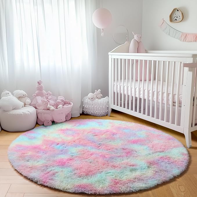 Rainbow Round Area Rugs 5ft, Soft Bedroom Circle Rug Mats - Image 7