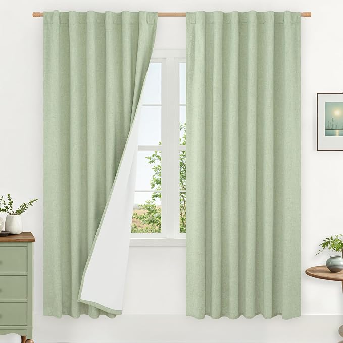 Light Green 100% Blackout Linen Curtains 80 Inches by LAMIT