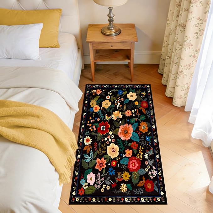 Floral Washable 2x4 Area Rugs Runner Entryway Hallway Black | Flower Carpet - Image 3