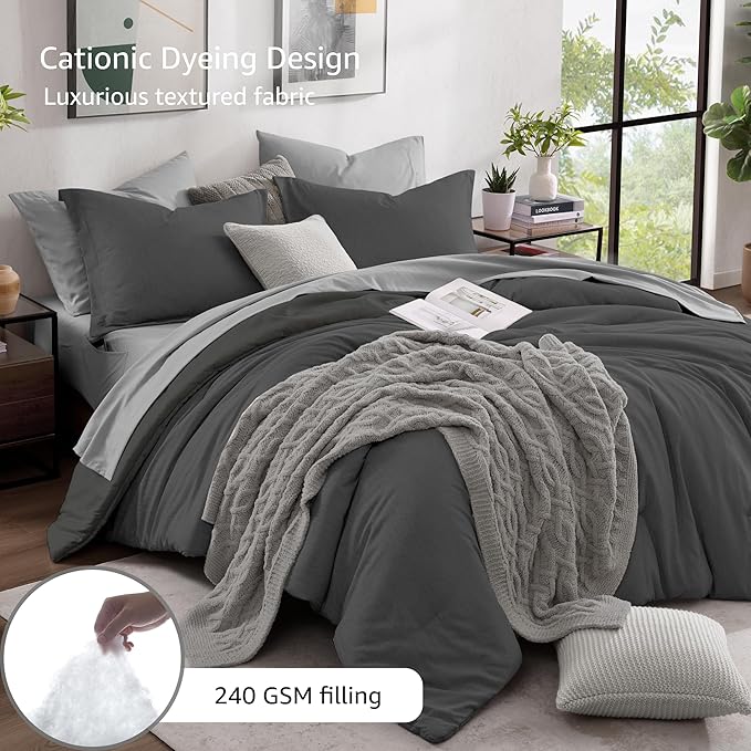 Monbix Full Size Comforter Set, Dark Grey Bedding Comforter for Full Size Bed Set Reversible, Bedding Sets Full 7 Pieces, Cationic Dyeing Bed in a Bag with Comforter, Sheets, Pillowcases & Shams