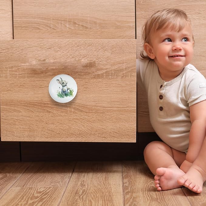 8pack1.5 Rabbit with Flower Ceramics Cabinet Knob Handle Round Animal Nursery Kids Room Furniture Dresser Drawer and Pulls