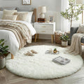 Amdrebio Cream Ivory White Small Round Fluffy Rug 3Ft by Amdrebio
