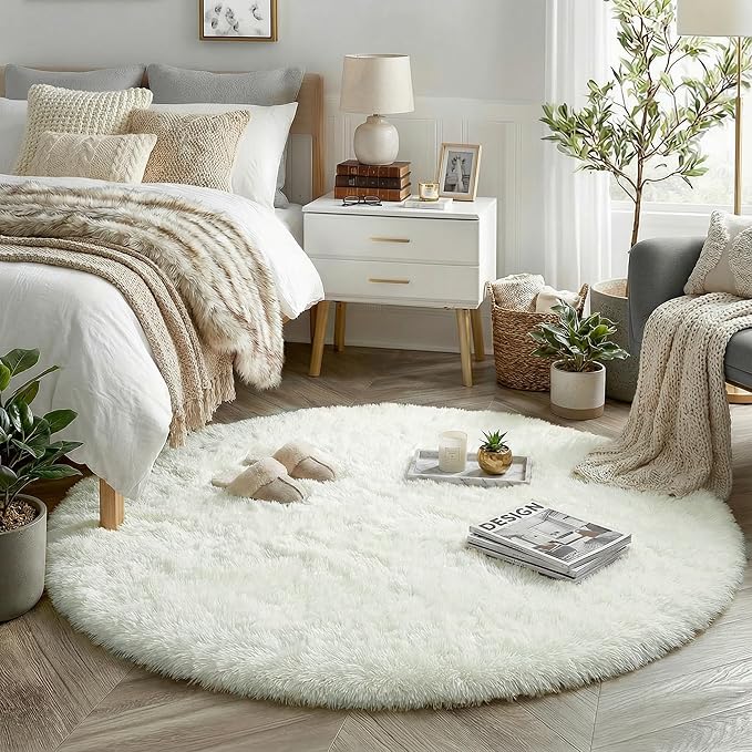 Amdrebio Ivory Cream White Round Area Rug 5Ft by Amdrebio