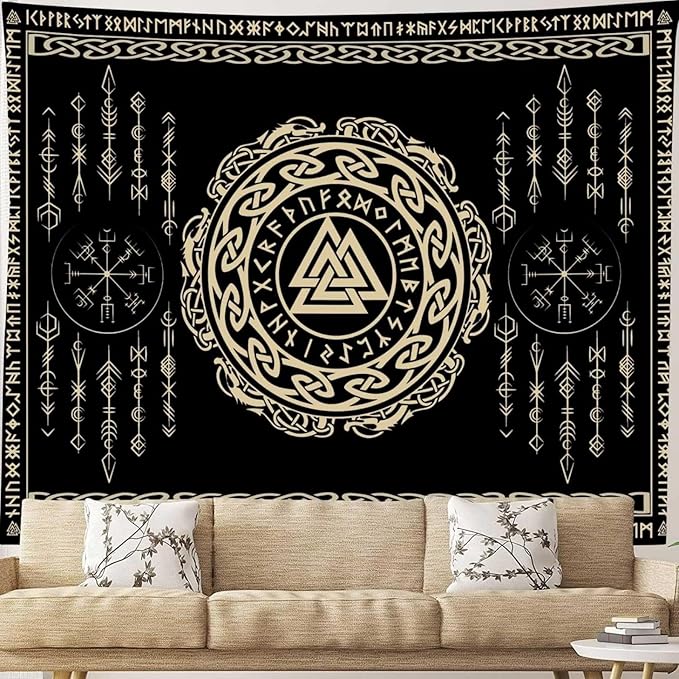 OSUNBD Nordic Viking Tapestry Wall Hanging - Large 100x90 inches Soft Flannel with Valknut, Celtic Runes & Norse Mythology Scandinavian for Bedroom, Living Room Decor