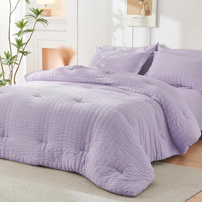 HYMOKEGE Lavender King Size Comforter Set Seersucker 7 Pieces, All Season Luxury Bed in a Bag for Bedroom, Bedding Set with Comforters, Sheets, Pillowcases & Shams