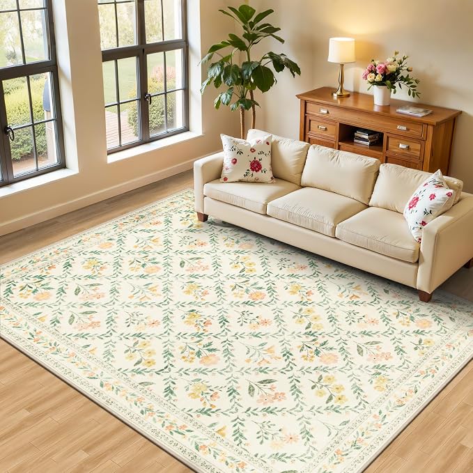 PLHXFR 6x9 Area Rug Living Room: Floral Washable Boho Carpet Beige Multi | by PLHXFRSoftAreaRugs