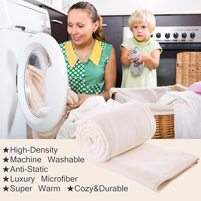 HOZY Soft Blanket Queen Size Fleece Warm Fuzzy Throw Blankets for The Bed Sofa Lightweight 350GSM Ivory 90"*90"