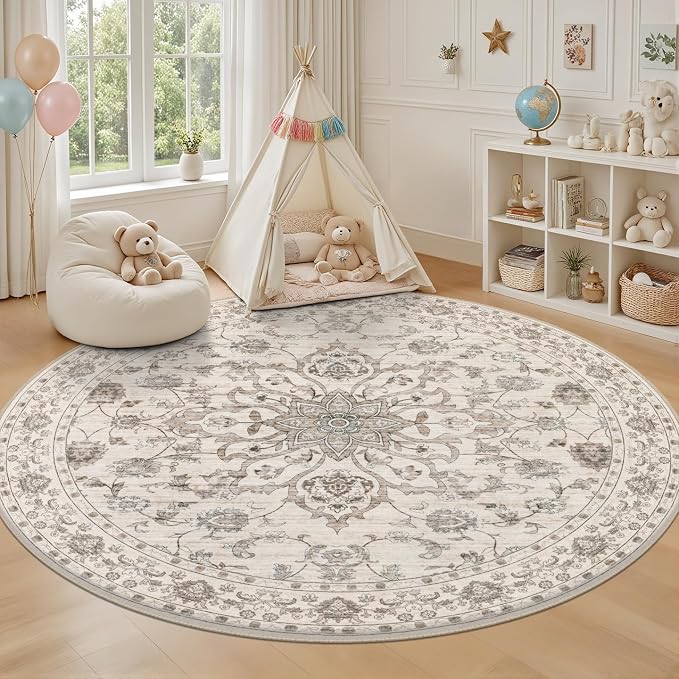 Round Area Rug for Living Room: 4ft Boho Washable Rug Brown Beige | Vintage - Image 5