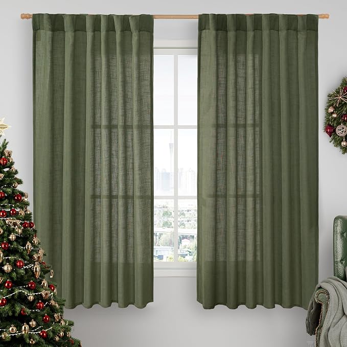 Olive Green Linen Curtains 63 Inch by LAMIT