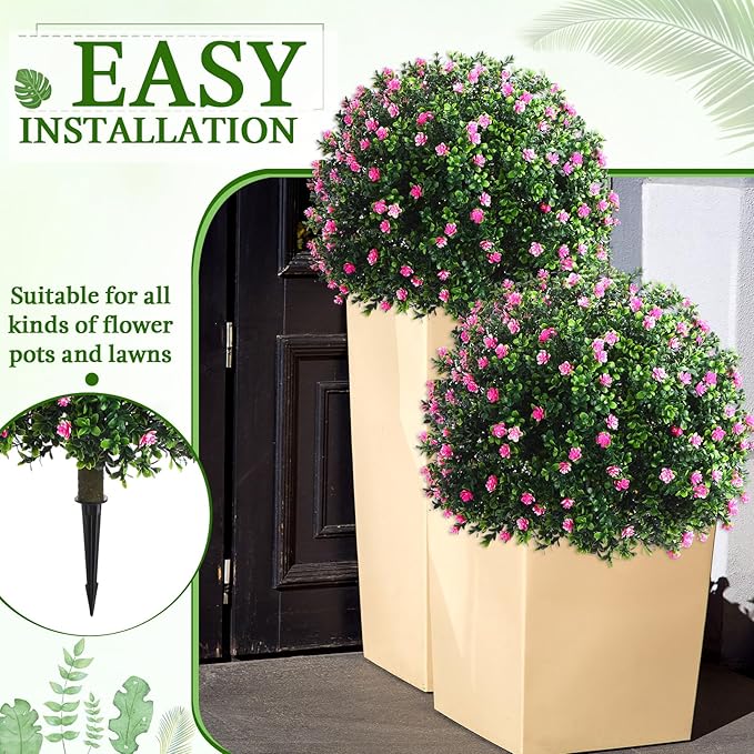 Yunlly Set of 2 Artificial Boxwood Topiary Ball Tree Fake Bushes Shrubs Outdoor Faux Plant with Ground Spike Flowers UV Resistance Greenery for Front Porch Garden Patio Indoor(Pink,27x18inch)