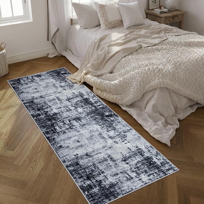 3x8 Washable Runner Rug：Modern Abstract Soft Carpet Dark Black | - Image 2