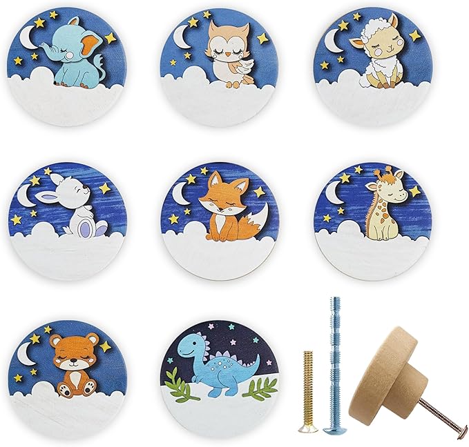 JamJam 8 Pack 1.8" Wooden Dinosaur Drawer Handle Pulls Unique Kids Nursery Room Animal Themed Cabinet Dresser Drawer Knobs