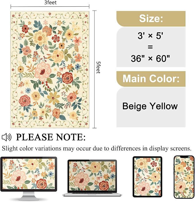 DUKINO 3x5 Area Rug, Floral Washable Rug - Image 2