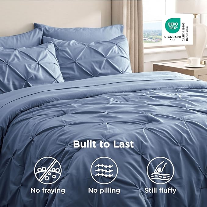 Bedsure Queen Comforter Set Slate Blue - Bed in a Bag Queen Size Bedding 7 Pieces, GentleSoft™ Pintuck Bed Set Gift for Family, Pinch Pleat All Season Comforter with Sheets, Pillowcases & Shams