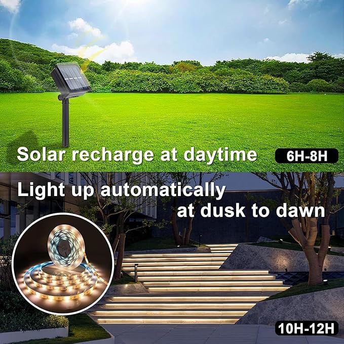 Solar LED Light Strip Outdoor Tape Rope Lights Waterproof 10ft Garden Path Decorative Lighting with 8 Modes for Outside, Wrap, Party, Stair, Step, Gazebo, Yard, Wedding, Christmas, 2 Pack