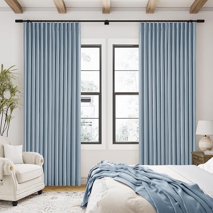 Dusty Blue Pinch Pleated 100% Blackout Linen Curtains 84 Inch Long 2 Panels | - Image 7