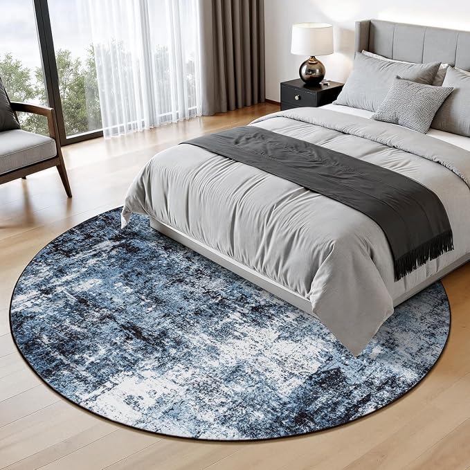 Rugflix Round Area Rugs 6Ft for Living Room, Washable Navy Blue Circle Rug | - Image 2