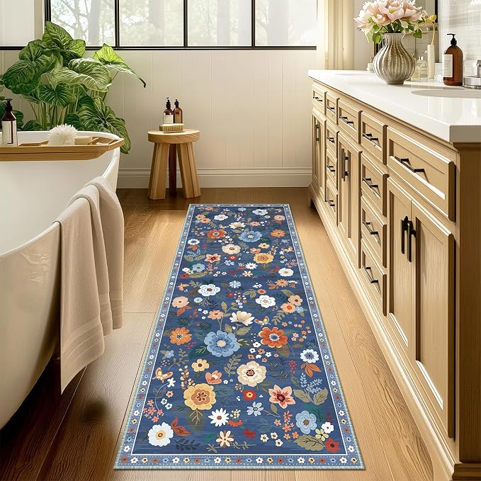 Floral Washable 2x6 Area Rugs Runner Entryway Hallway Blue/Grey | Flower Carpet - Image 8