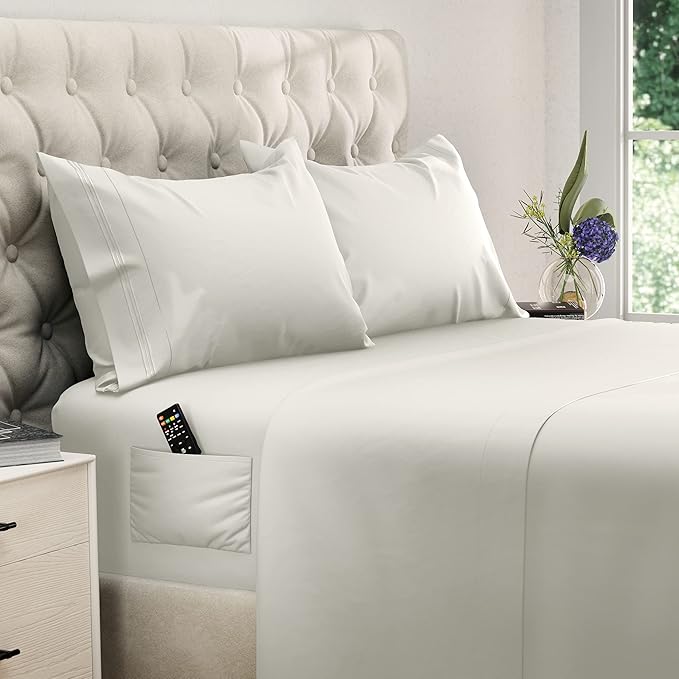 DREAMCARE Queen Sheet Set – 4 pcs Cooling Sheets – up to 21” Extra Deep Pocket Queen Sheets – Hotel Luxury Sheets & Pillowcases – Superior Softness 100% Fine Microfiber with Side Pocket – Ivory