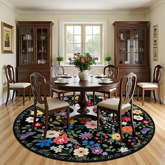 PLHXFR Round Area Rug Living Room: 8 ft Floral Washable Soft Carpet Black | - Image 3