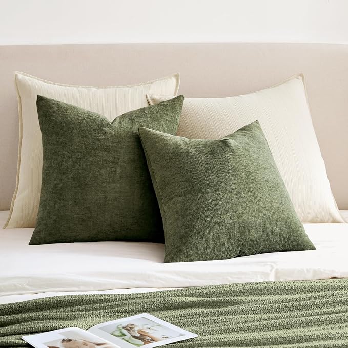 MIULEE Olive Green Chenille Couch Throw Pillow Covers, 18x18 | Set of 2 - Image 4