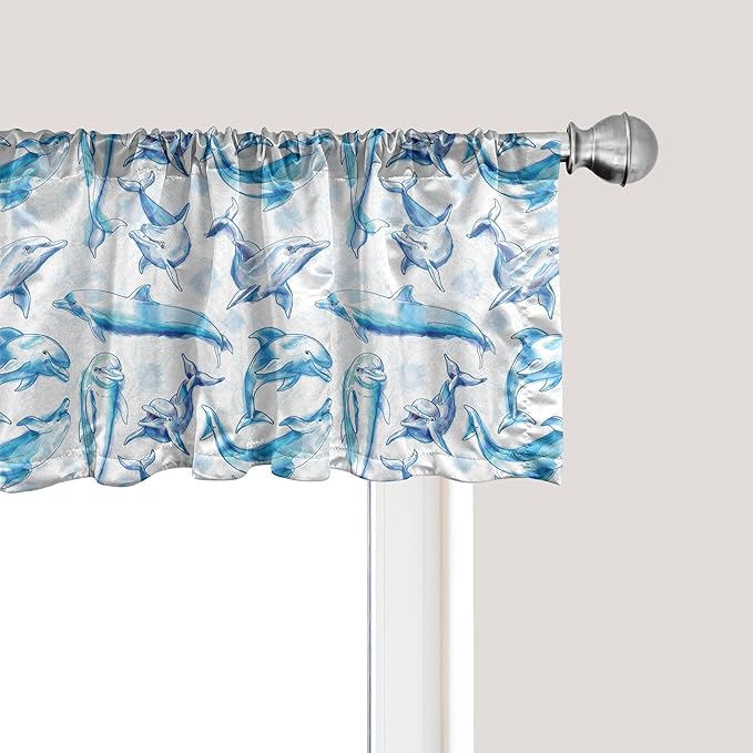 Ambesonne Sea Animals Window Valance Pack of 2, Sketch of Bottlenose Dolphins Playing Laughing in The Ocean Sea Life Print, Rod Pocket Curtain Valances for Kitchen Bedroom, 42" X 18", Turquoise White